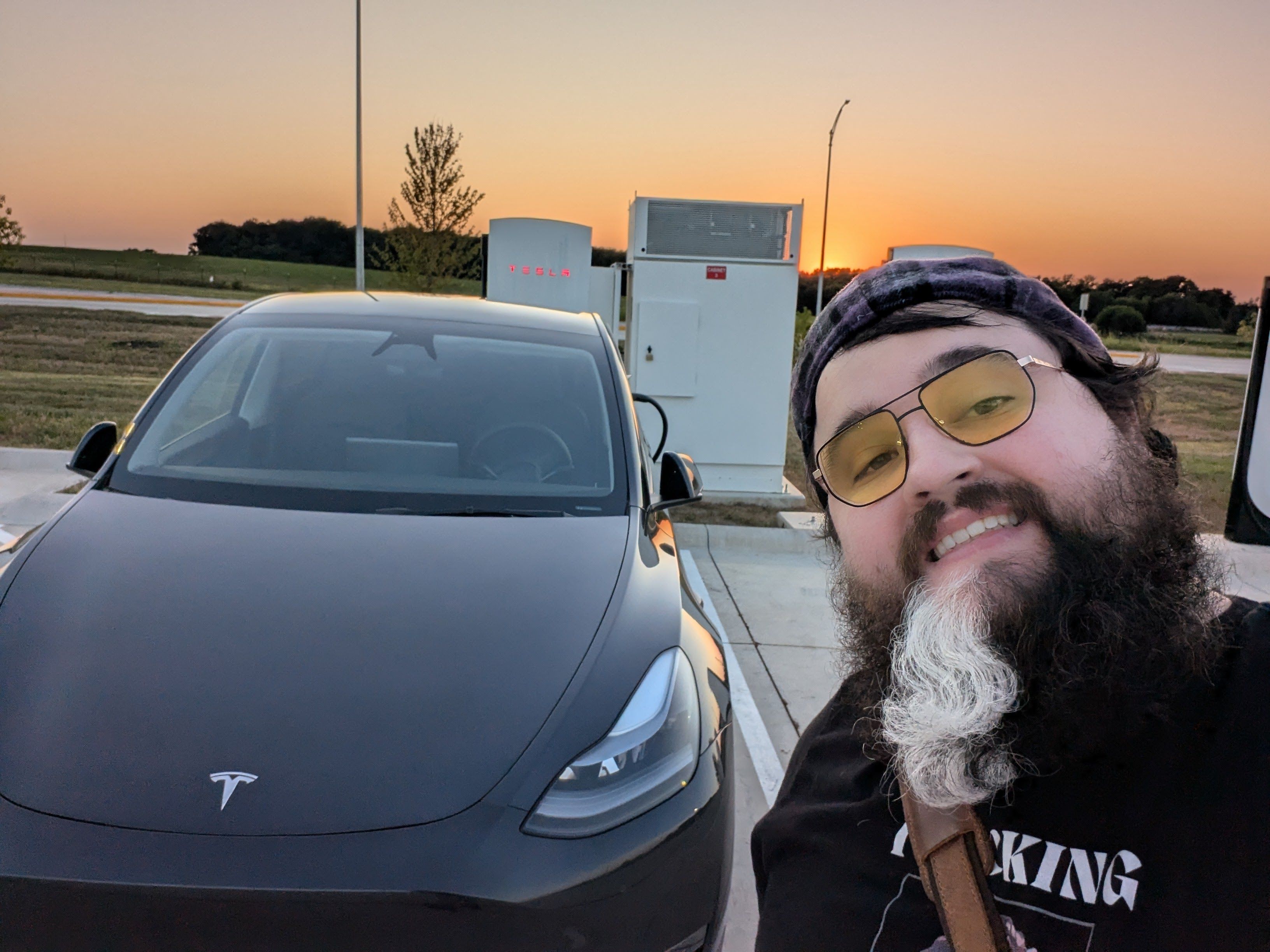 Kevin and the Tesla, golden hour.