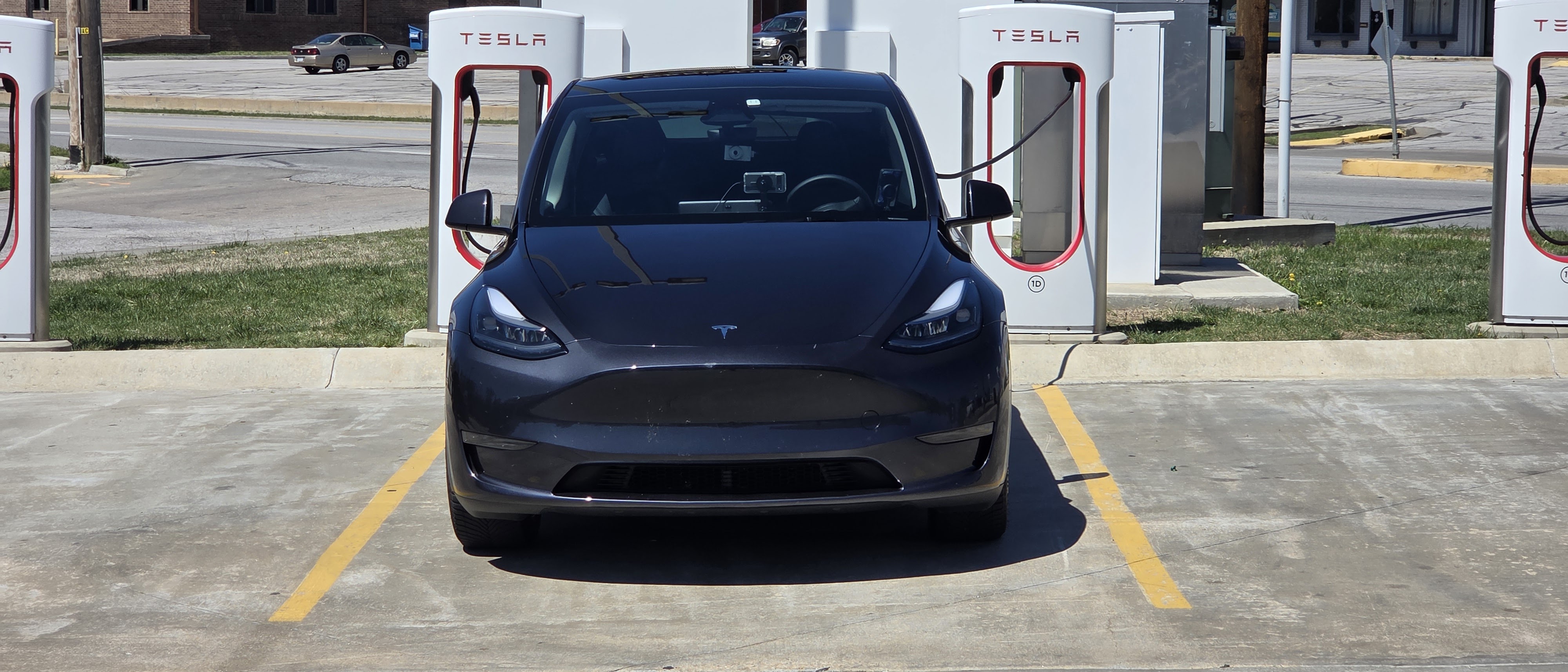 The Tesla, three-quarter front.
