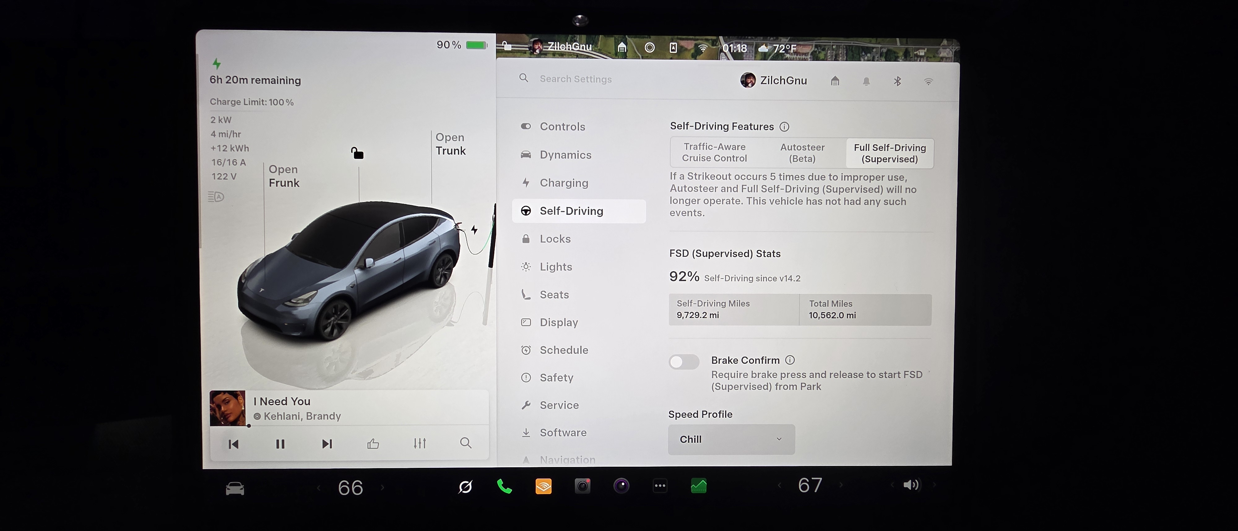 Tesla screen with autopilot active.